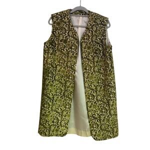 Vintage Tapestry Long Vest 70's Carpet Cardigan Coat Medium Green Velvety  Rare